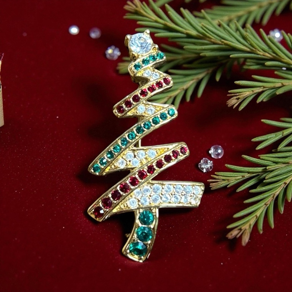 Monet Zig Zag Rhinestone Christmas Tree Brooch Signed modernist Holiday Party